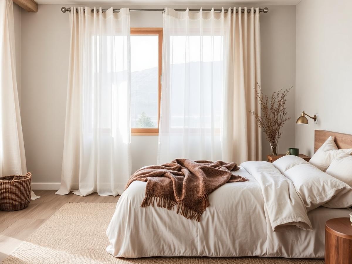 Calm bedroom with linen bedding and a wool throw