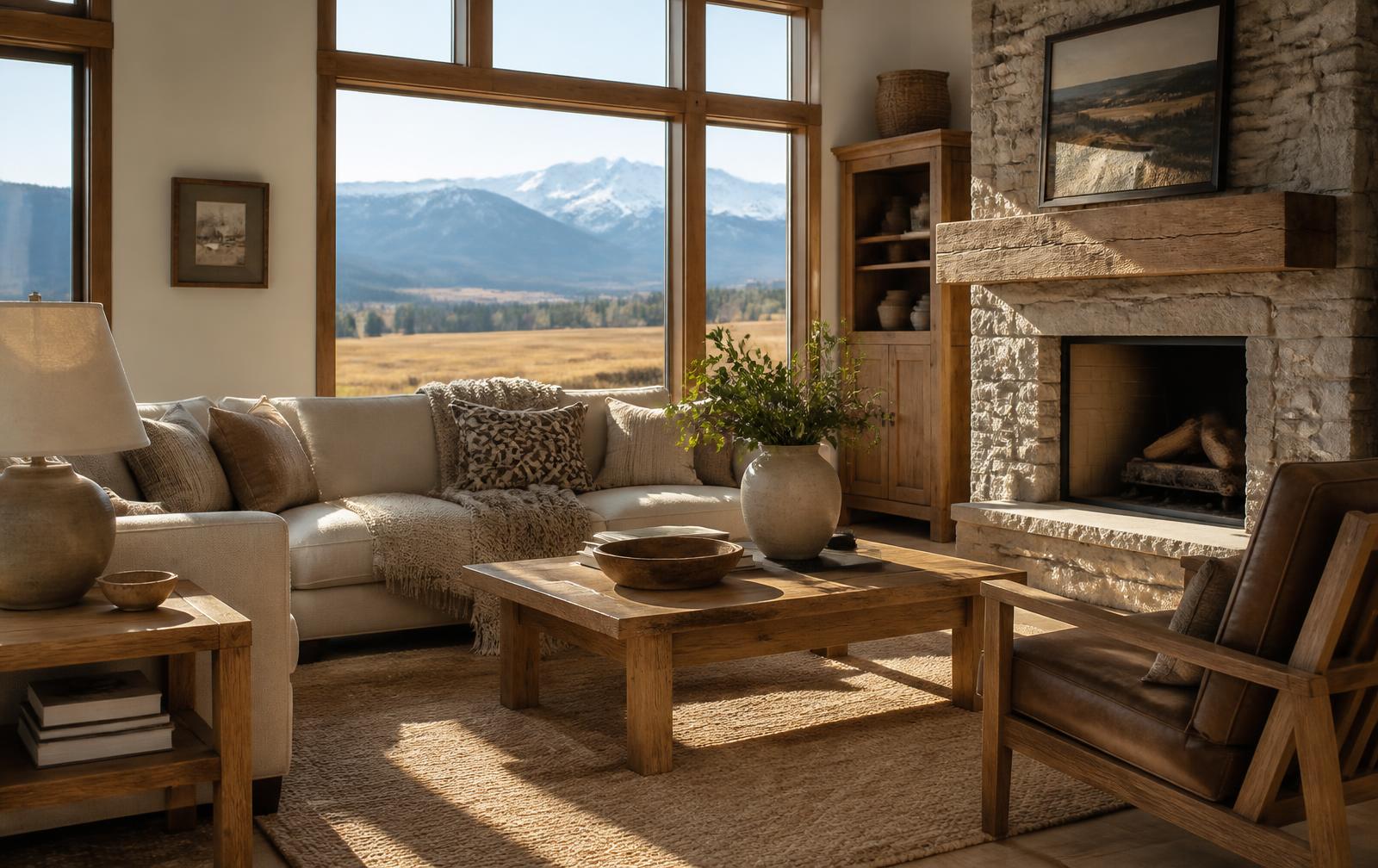 Sunlit Montana living room with handcrafted oak furniture and a stone fireplace