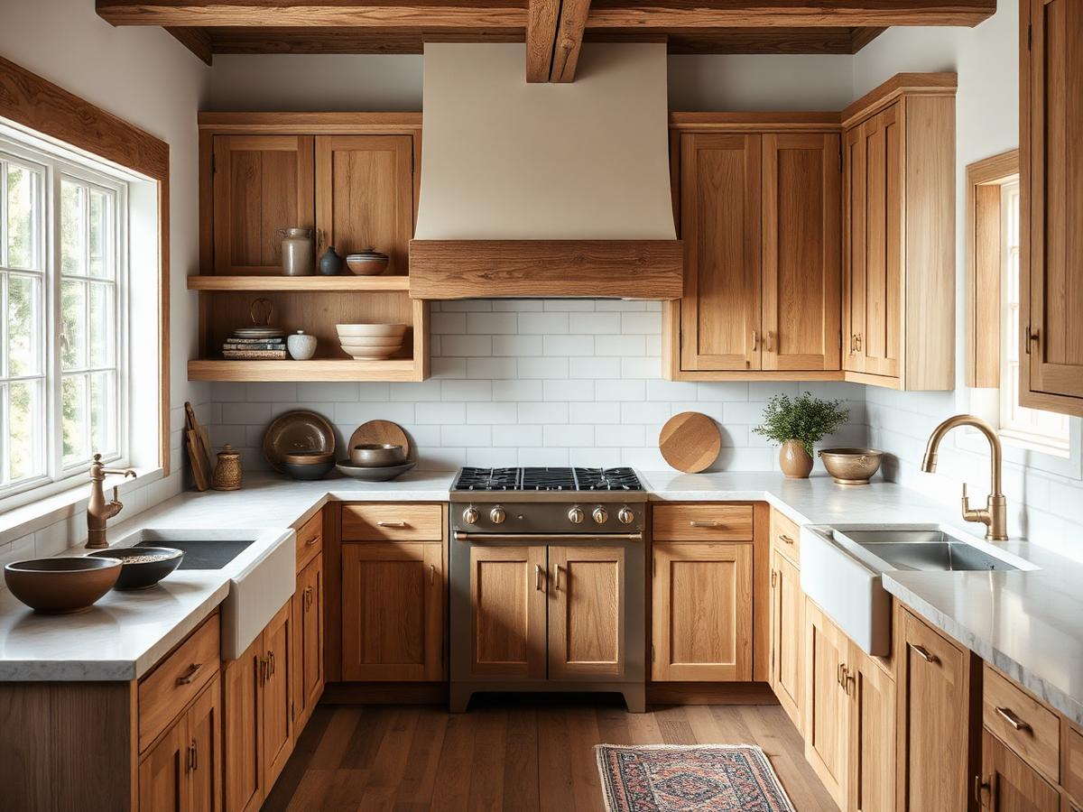 Rustic modern kitchen with white oak cabinetry and brass fixtures
