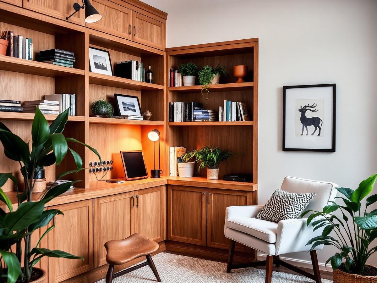 Home office nook with built-in oak shelving and a reading chair