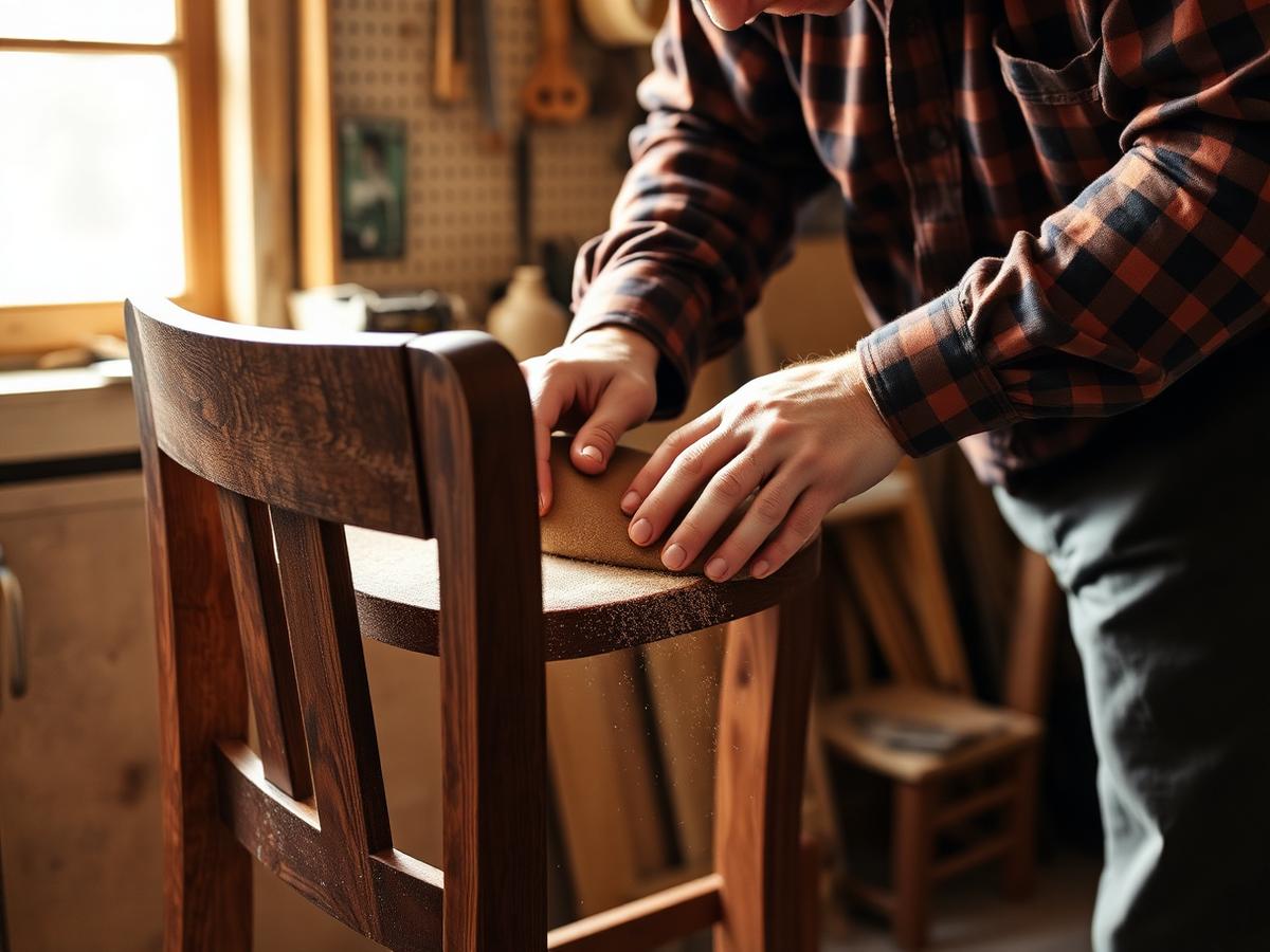 Craftsman sanding a walnut chair in a small woodworking workshop
